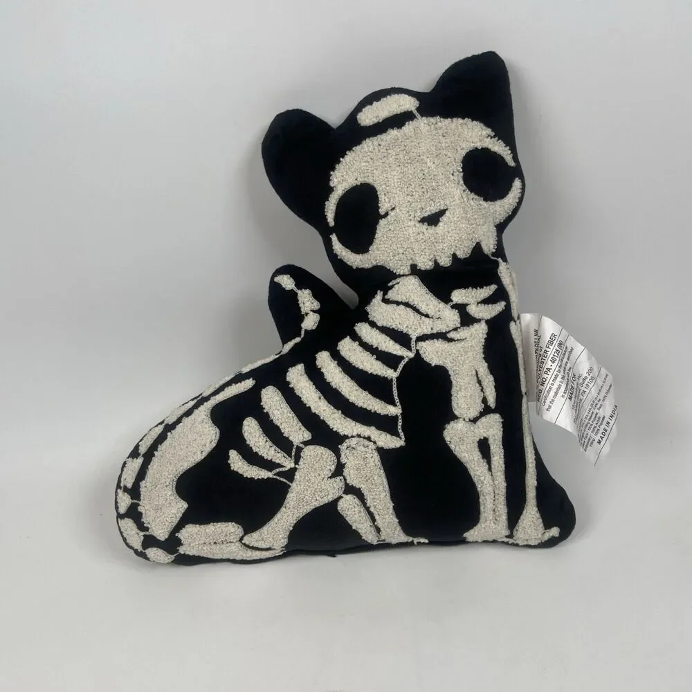 Black & White Skeleton Cat Decorative Pillow Plush Embroidered Fall Halloween